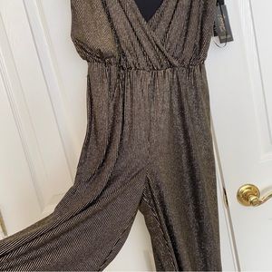 Thalia Sodi Womens Chain Strap Cropped Jumpsuit Black Gold Metallic Stripe